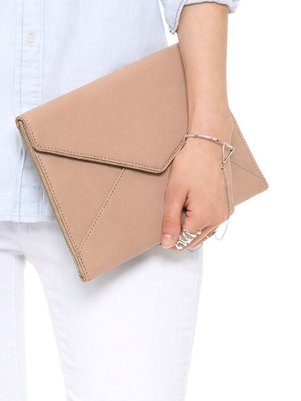NEW Rebecca Minkoff Leather Zippered Edge Envelope Clutch Bag | Latte Pink Blush